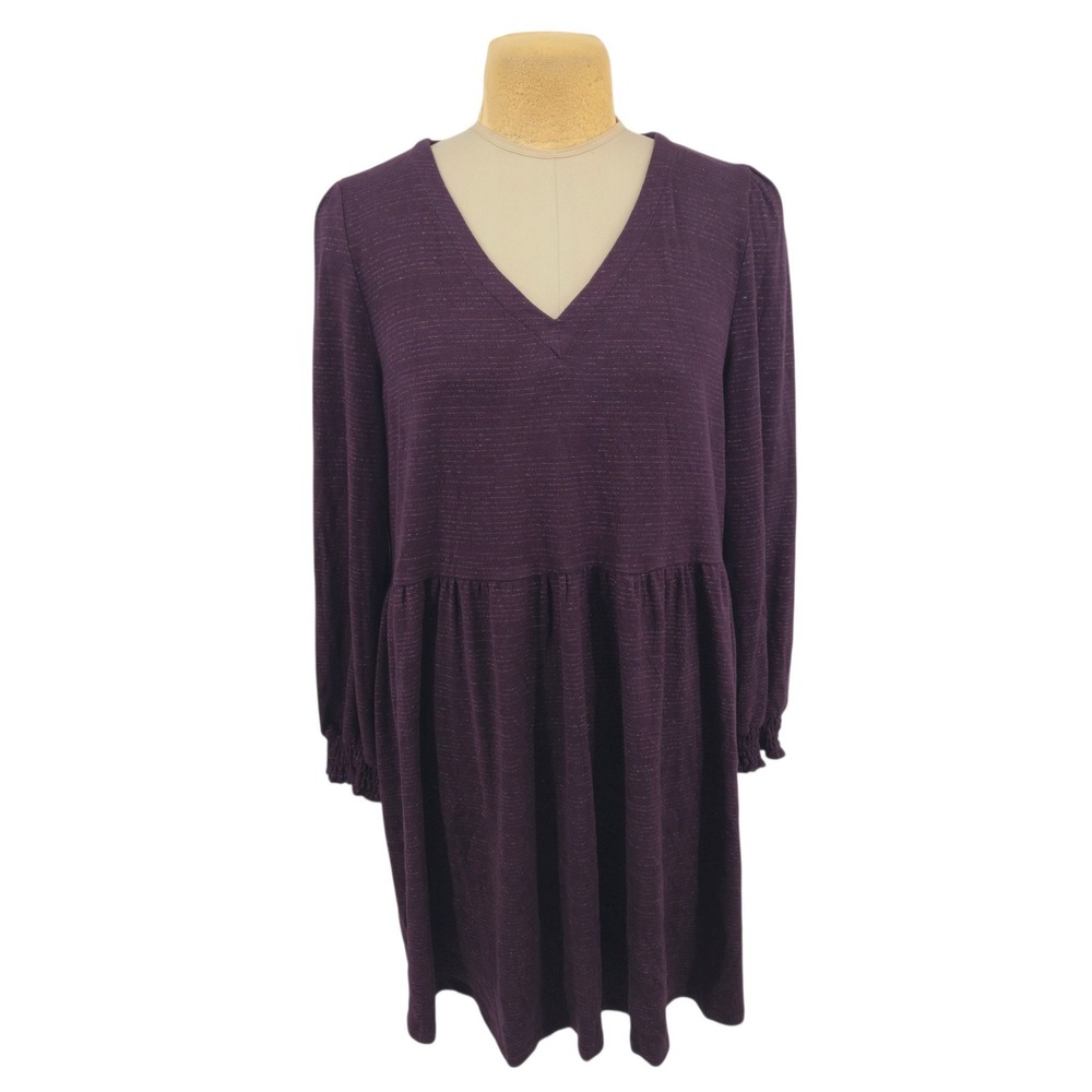 Pale Sky Babydoll Dress Women XL Purple Metallic Knit Long Sleeve V-Neck Casual